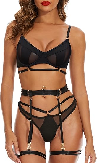 Photo 1 of (XL) Strappy Lingerie for Women Sexy Lingerie Set for Women with Black Lace with Garter Belt Ropa Interior