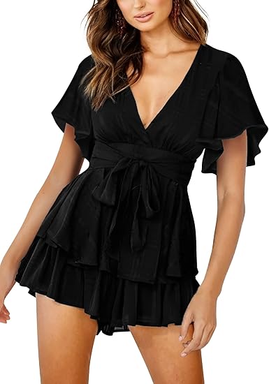 Photo 1 of (L)  Women's Rompers Jumpsuits V Neck Short Baggy Sleeve Waist Tie Double Layer Ruffle Hem Romper