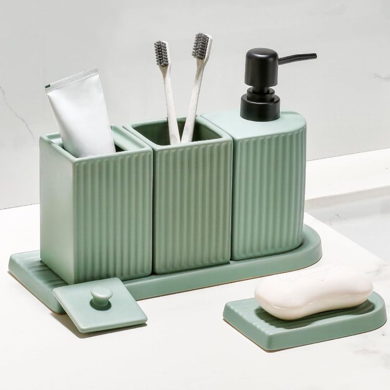 Photo 1 of Carrot's Den Bathroom Accessories Set - Ceramic Toothbrush Holder, Lotion/Soap Dispenser, Cup, Soap Dish, Cotton Swab Holder (Sage Green)