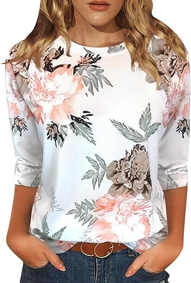 Photo 1 of Medium Womens Tops 3/4 Sleeve Shirts Round Neck Loose Casual Blouses Floral Print Tshirts