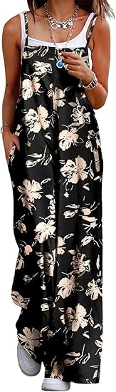 Photo 1 of (XL) YESNO Women's Summer Boho Casual Jumpsuits Wide Leg Overalls Floral Print Baggy Rompers with Pocket 