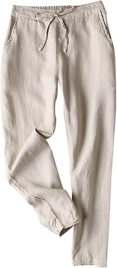 Photo 1 of (L) Linen Pants for Women Summer Casual High Waisted Drawstring White Beach Pant