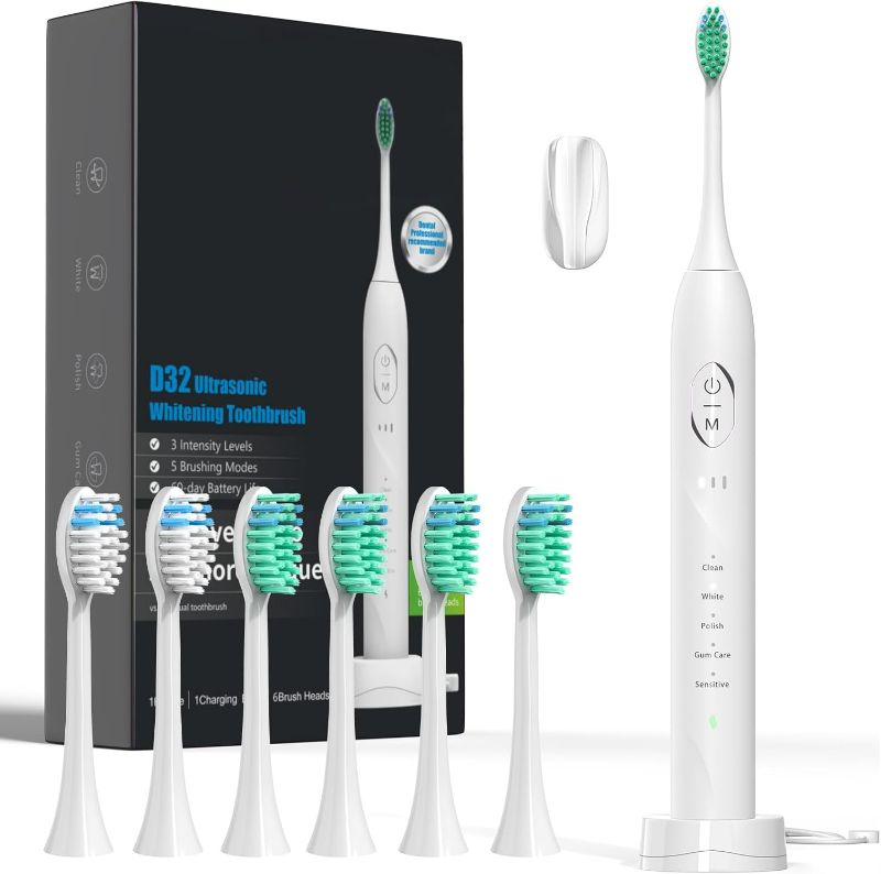 Photo 1 of Electric Toothbrush for Adults, Rechargeable Electric Toothbrush with 5 Modes and 2-Min Smart Timer, 6 Replacement Brush Heads and Charging Base (White)