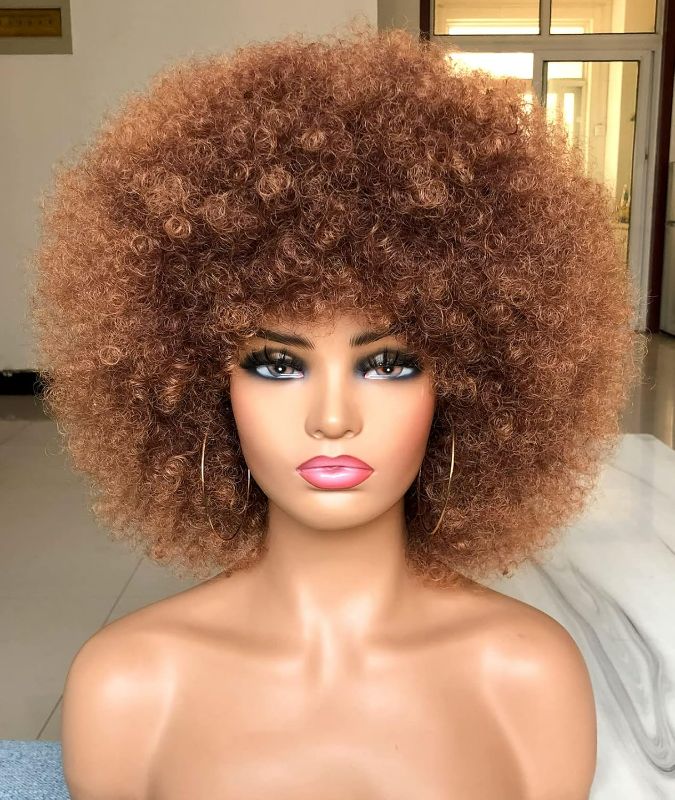 Photo 1 of Short Afro Wig with Bangs Afro Kinky Curly Wig 70s Premium Synthetic Big Afro Wig(Brown)