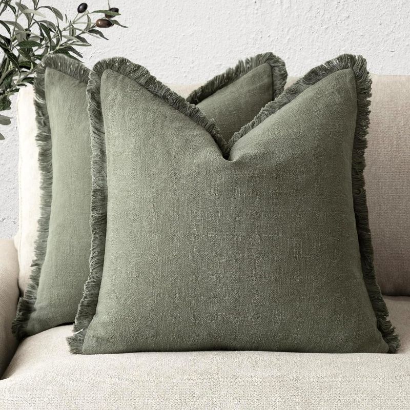 Photo 1 of  Set of 2 Decorative Linen Fringe Throw Pillow Covers Cozy Boho Farmhouse Cushion Cover with Tassels Soft Accent Pillowcase for Couch Sofa Bed Living Room Home Decor,18×18 Inch,Olive Green