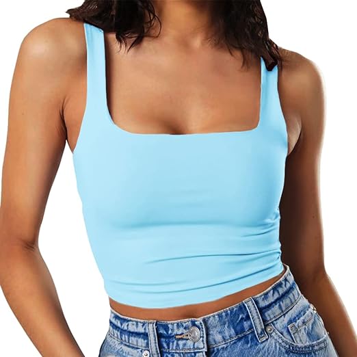 Photo 1 of (L) Artfish Women's Sleeveless Strappy Tank Square Neck Double Layer Workout Fitness Casual Basic Crop Tops 