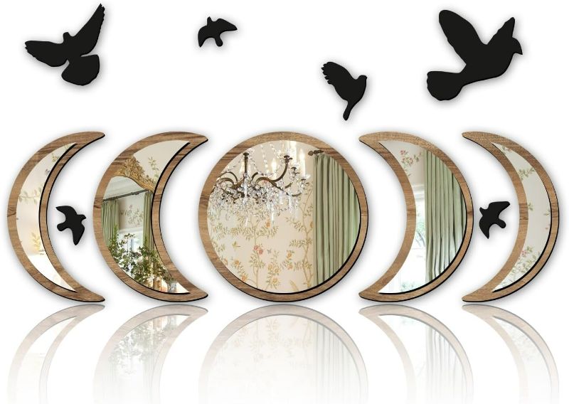 Photo 1 of NESHE Moon Phase Mirror Set with Birds | Scandinavian Natural Home Boho Wall Decor | Aesthetic Witchy Bohemian Indoor Gothic Art Decorations for Living Room (Brown)