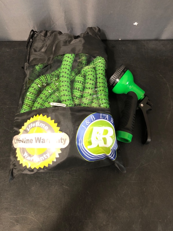 Photo 2 of J&B XpandaHose 50ft Expandable Garden Hose with Holder - Heavy Duty Superior Strength 3750D - 4 -Layer Latex Core - Extra Strong Brass Connectors and 10 Spray Nozzle w/Storage Bag (Green 50)