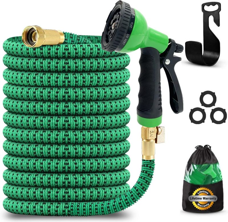 Photo 1 of J&B XpandaHose 50ft Expandable Garden Hose with Holder - Heavy Duty Superior Strength 3750D - 4 -Layer Latex Core - Extra Strong Brass Connectors and 10 Spray Nozzle w/Storage Bag (Green 50)