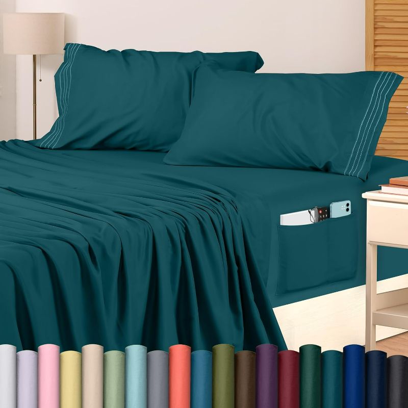 Photo 1 of Queen - Utopia Bedding Bed Sheet Set, Soft Microfiber 4 Piece Hotel Luxury Bed Sheets with Deep Pockets - Embroidered Pillow Cases - Side Storage Pocket Fitted Sheet - Flat Sheet (Queen, Teal)