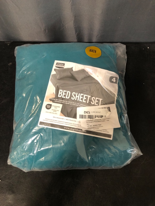 Photo 2 of Queen - Utopia Bedding Bed Sheet Set, Soft Microfiber 4 Piece Hotel Luxury Bed Sheets with Deep Pockets - Embroidered Pillow Cases - Side Storage Pocket Fitted Sheet - Flat Sheet (Queen, Teal)