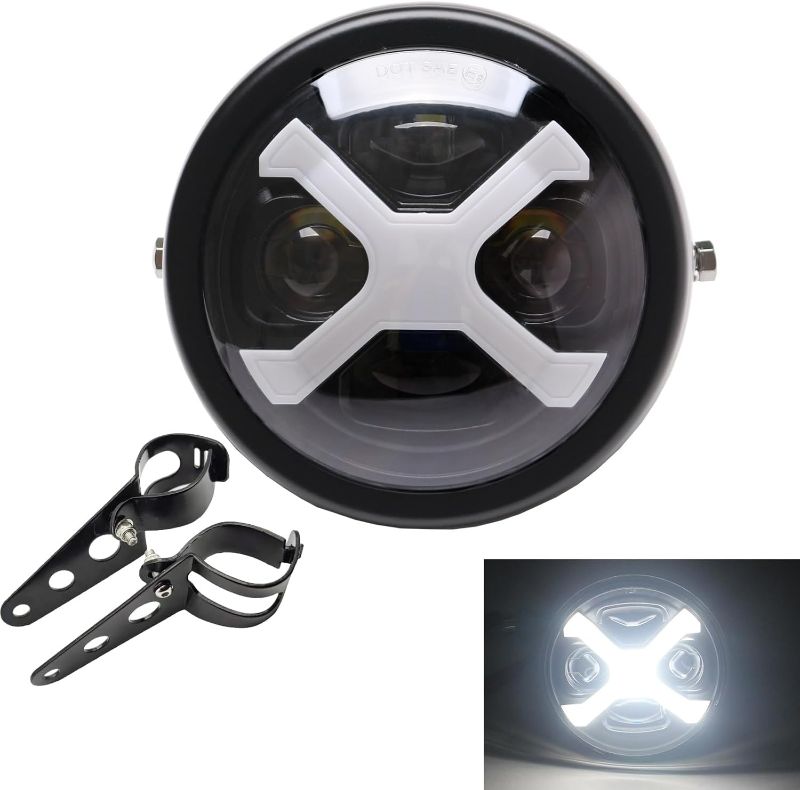 Photo 1 of 5.75inch 5-3/4 Black LED Motorcycle Headlight X White DRL with Matte Black Housing Bucket 32-40mm Fork Tube Side Mount Brackets Compatible with Motorbikes