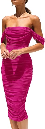 Photo 1 of (M) PRETTYGARDEN Women's Summer Off The Shoulder Ruched Bodycon Dresses Sleeveless Fitted Party Club Midi Dress