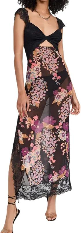 Photo 1 of ***SIZE M*** Women Floral Lace Patchwork Maxi Dress Backless Spaghetti Strap Cutout Tight Long Dress High Split Sling Dress
