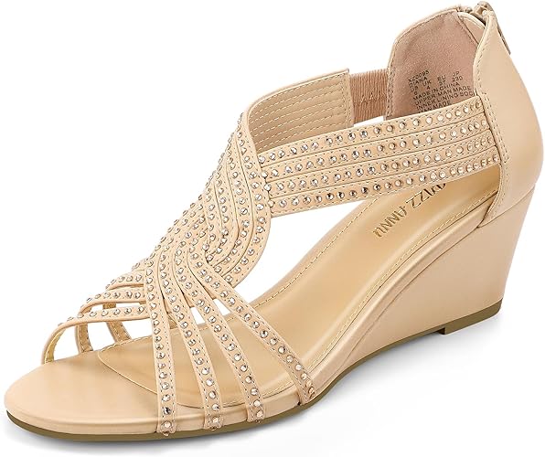 Photo 1 of Size 6 - PIZZ ANNU Women's Diana Low Wedge Sandals Sparkly Rhinestone Open Toe Fashion Dress Shoes for Woman Lady in Bridal Dance Evening