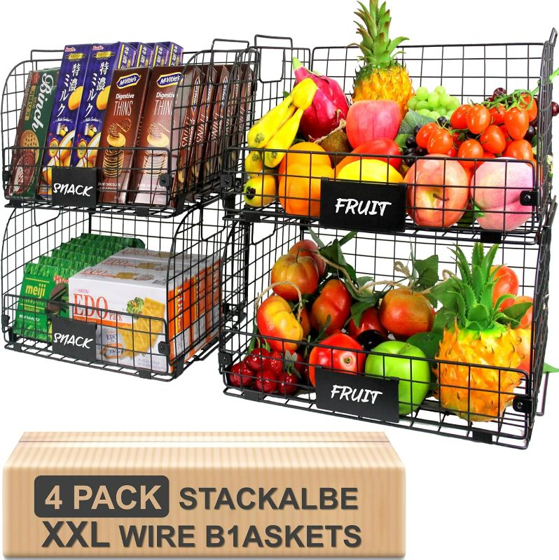 Photo 1 of 4 PACK XXL Stackable Wire Baskets for Storage Pantry,Fruit Basket For Kitchen Cabinet 16.3''x12''x8.2'' Metal Baskets 