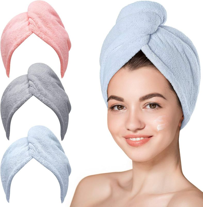 Photo 1 of Hicober Microfiber Hair Towel, 3 Packs Hair Turbans for Wet Hair, Drying Hair Wrap Towels for Curly Hair Women Anti Frizz (Blue,Grey,Pink)