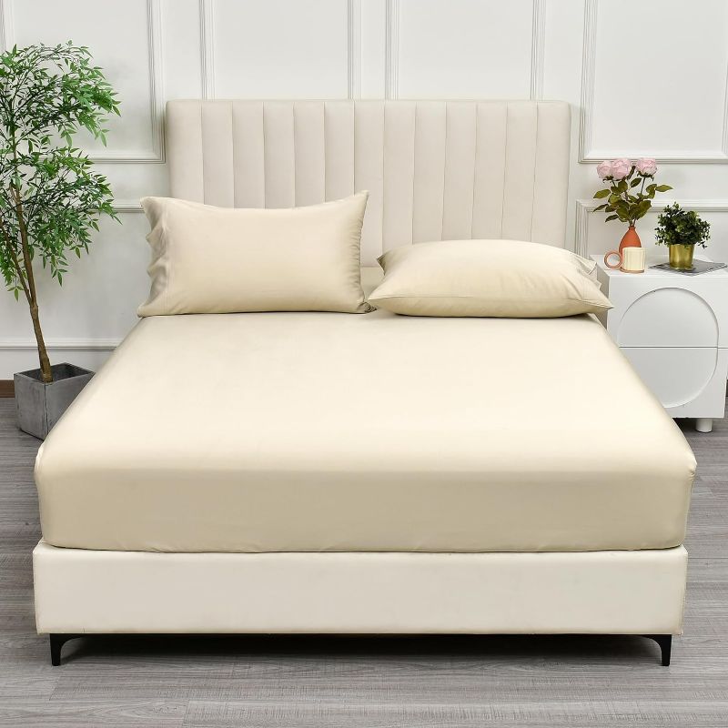 Photo 1 of Fitted Sheet Queen Size for Hot Sleeper,100% Rayon Derived from Bamboo_,16" Deep Pocket,2.5cm Wider Strong Elastic Easy Fit,Breathable Silky Smooth Soft,60"x 80", Natural,No Pillowcase