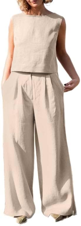 Photo 1 of SMALL Womens Summer Two Piece Outfits Linen Sets Sleeveless Tank Top and Baggy Palazzo Pants Suits with Pockets 