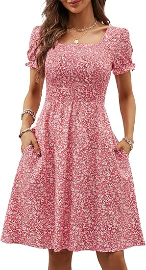 Photo 1 of Small Women's Summer Dresses with Pockets Short Sleeve Square Neck Flowy A Line Casual Boho Smocked Mini Sun Dress