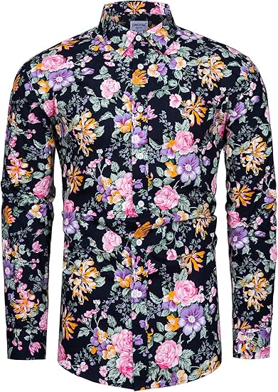 Photo 1 of Large TUNEVUSE Mens Long Sleeve Floral Dress Shirt Flowered Pattern Print Button Down Shirts Cotton