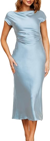 Photo 1 of (L) 2023 Satin Cap Sleeve Cowl Back Summer Dresses for Women Elegant Ruched Waist Wedding Guest Midi Dress ****SIZE L****