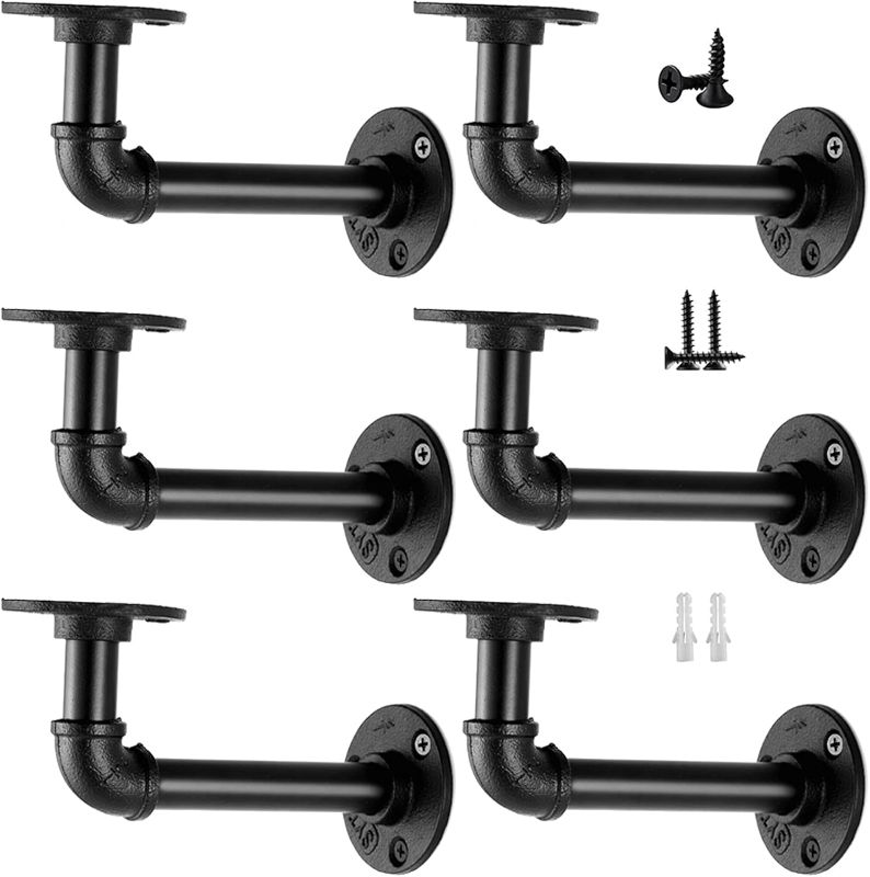 Photo 1 of Industrial  Shelf Brackets for 8 10 12 14 inches Board, Iron L Pipe Floating Shelf Bracket Heavy Duty Metal Shelving Brackets for Shelves- 6 Pack Black