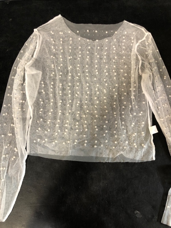 Photo 2 of ***SIZE S*** Women Pearl Rhinestone Sheer Mesh Crop Top Sexy See Through Long Sleeve 