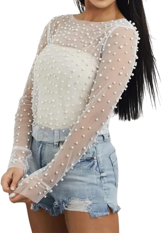 Photo 1 of ***SIZE S*** Women Pearl Rhinestone Sheer Mesh Crop Top Sexy See Through Long Sleeve 