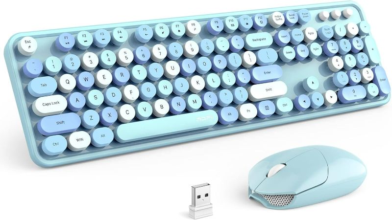 Photo 1 of MOFII Wireless Keyboard and Mouse Combo, Blue Retro Keyboard with Round Keycaps, 2.4GHz Dropout-Free Connection, Cute Wireless Mouse for PC/Laptop/Mac/Windows XP/7/8/10 (Blue-Colorful)