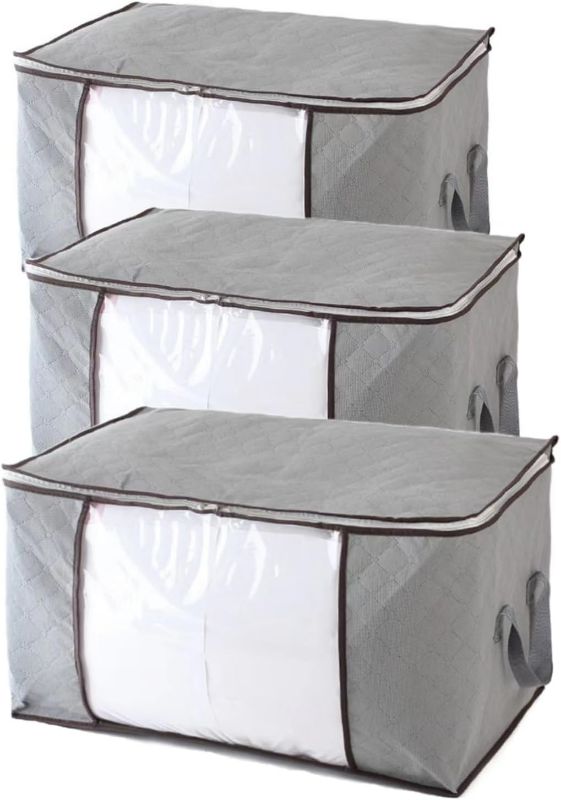 Photo 1 of 3-Pack Large Foldable Storage Bags with Reinforced Handles, Zipper, and Clear Window for Organizing Clothes, Blankets, Quilts, Bedding, and More - Space-Saving Solution (grey)