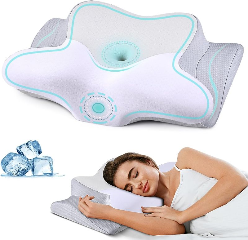 Photo 1 of Cervical Neck Pillow for Pain Relief, Ergonomic Pillow for Sleeping, Contour Memory Foam Pillows for Shoulder Pain (White & Grey)