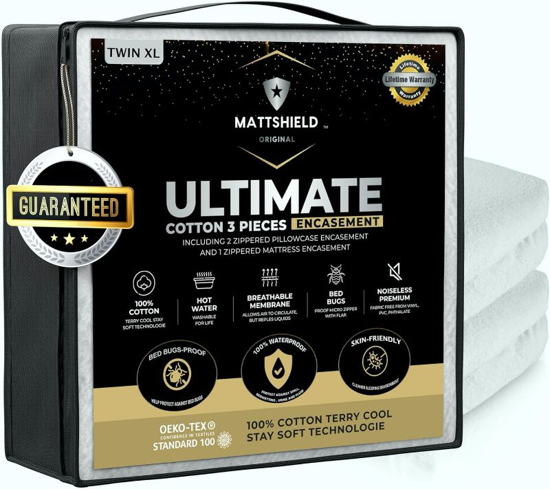 Photo 1 of ***KING*** MATTSHIELD New Ultimate 3-Piece Kit - Bed Bug-Proof Mattress Cover King Size 100% Cotton Top + 2 Pillow Protectors with Zipper - 6 Sided Waterproof Encasement, Total Defense Kit