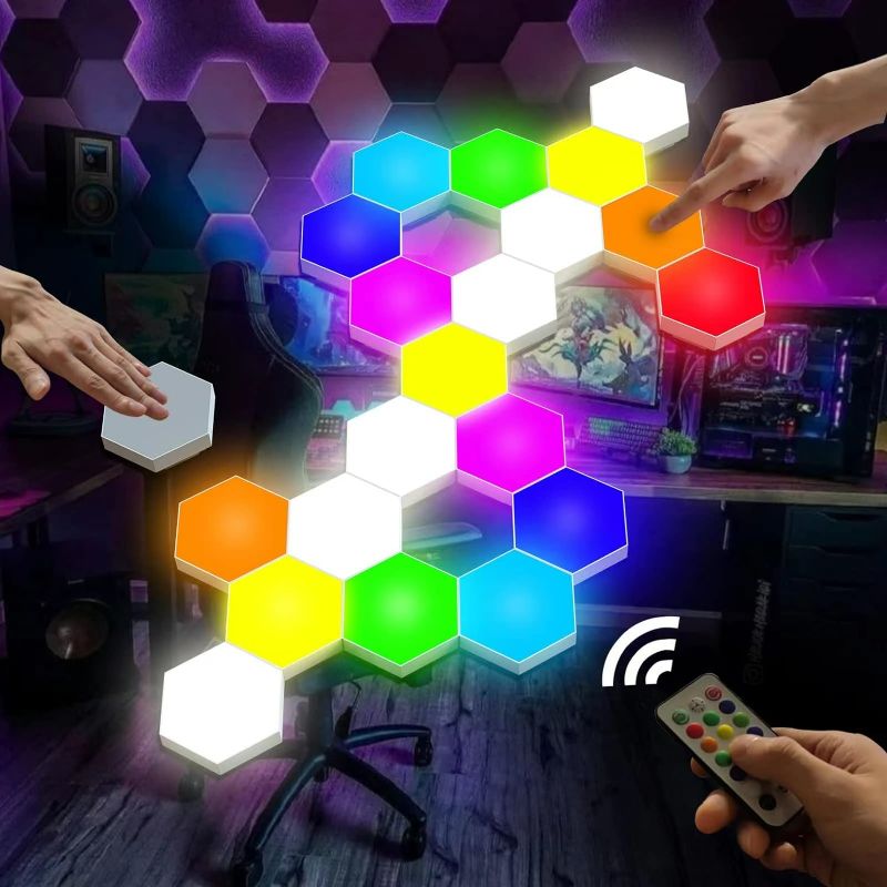 Photo 1 of Hexagon Lights, Smart LED Wall Lights with Remote, 13 Colors Touch-Sensitive DIY Modular Assembled RGB Wall Panels, Hex Light with USB-Power for Autism, Game Room Decor, Party (6-Pack)