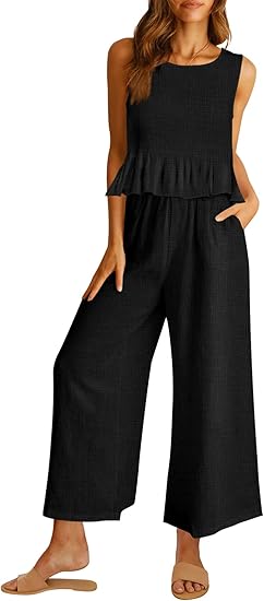 Photo 1 of ***SIZE L*** AUTOMET Womens Summer 2 Piece Outfits Linen Crop Tank Tops Lounge Matching Sets & Long Track Pants Tracksuits 2024