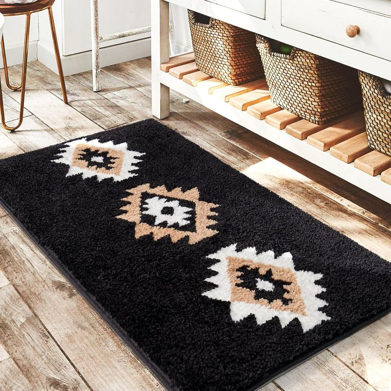 Photo 1 of Bathroom Rugs Black Aztec Bath Mat Non Slip Western Geometric Bath Rug Luxury Soft Absorbent Carpet for Bathroom Shower Kitchen Entryway Farmhouse Modern Decor 20x32