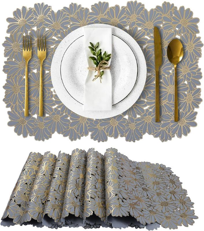 Photo 1 of  Washable Placemats Set of 6 Gold Flower Place Mat Blue PVC Table Mats Non Slip Heat Resistant 