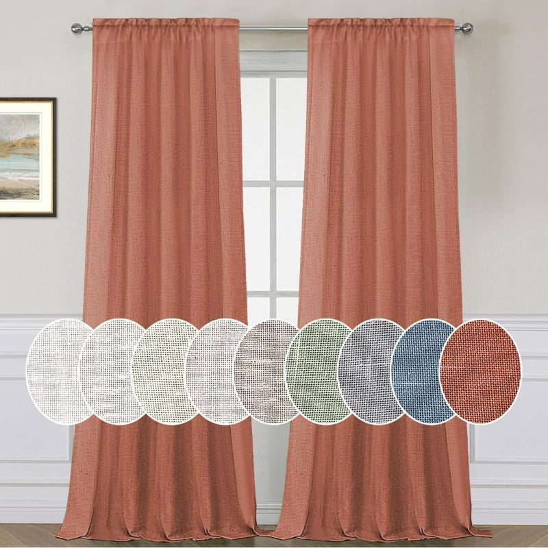 Photo 1 of Elegant Natural Linen Semi Sheer Curtains Energy Light Filtering Rod Pocket Window Treatments Panels for Living Room (Set of 2, Terracotta, 52 inch W X 96 inch L)