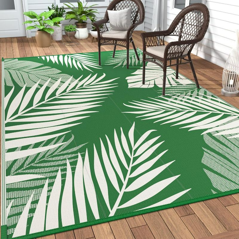 Photo 1 of **6' x 4' ** Outdoor rug  Waterproof for Patios Clearance, Reversible Plastic Straw Camping Rug Carpet, Large Area Rugs Mats for RV, Picnic, Backyard, Deck, Balcony, Porch, Dark Green&White