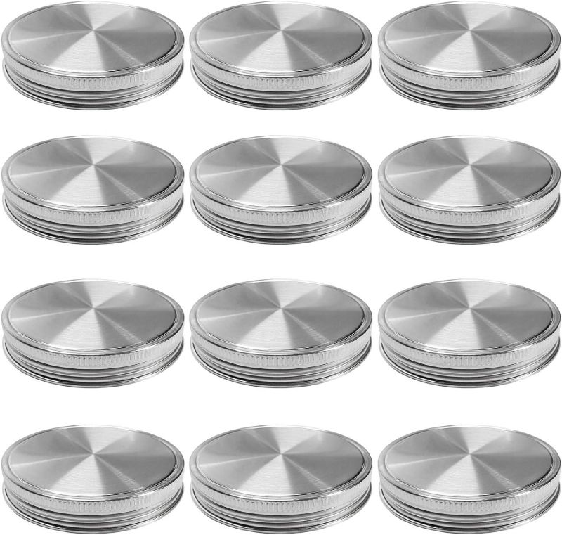 Photo 1 of Stainless Steel Mason Jar Lids, Storage Caps with Silicone Seals for Wide Mouth Mason Canning Jars, Polished Surface, Reusable and Leak Proof, Pack of 12 (12-Pack Wide Mouth stainless steel)