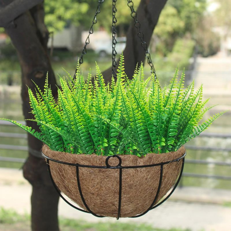 Photo 1 of 12 Bundles Fake Ferns, Artificial Boston Ferns Outdoors,Faux Shrubs Greenery Plastic Plants for Porch Planters Hanging Basket Patio Home Decoration(Green)