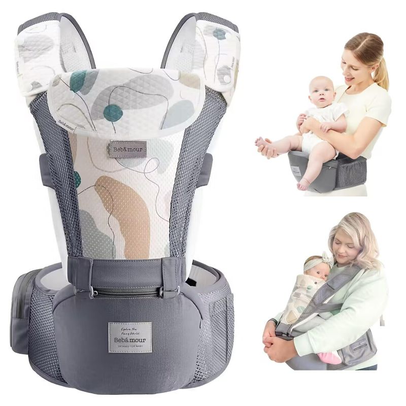 Photo 1 of Bebamour Baby Carrier Newborn to Toddler-Baby Hip Carrier Front and Back Carry with Head Hood & 3 Pieces Teething Pads& Waist Extenders & Storage Bag(Grey)