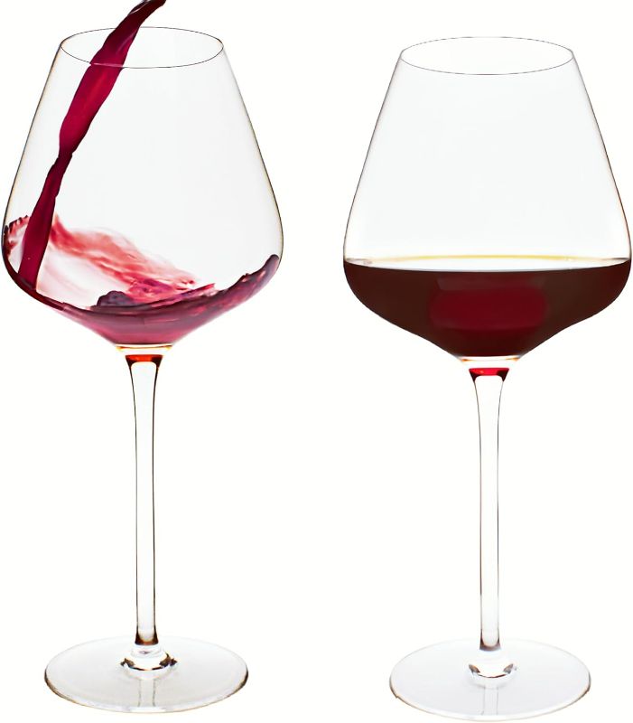 Photo 1 of Handblown 24 fl. OZ Extra Large Wine Glasses Set of 2, Burgundy Style, Delicate Fine Crystal, Lead-Free, Hand Made Premium, Exellent Gift, Laser Cut Thin Rim with Long Stem