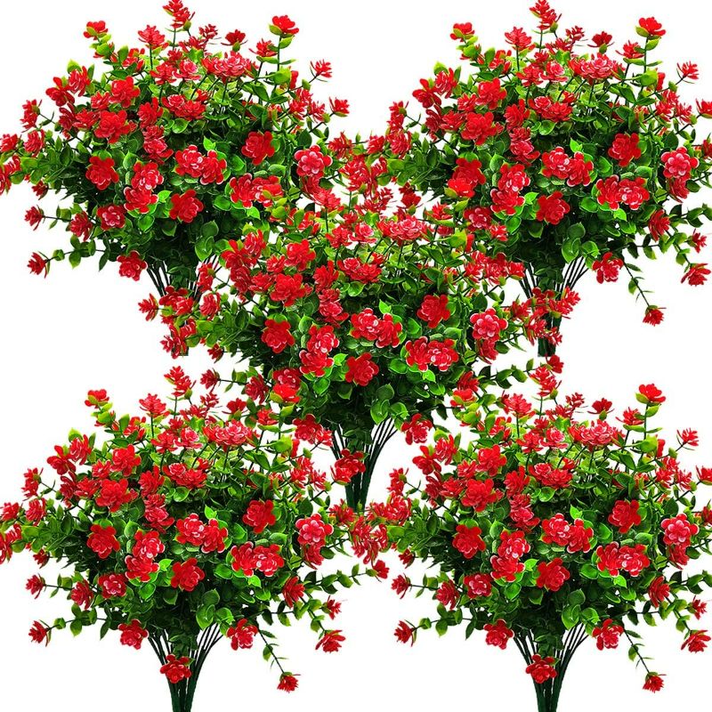 Photo 1 of Grunyia 10 Bundles Artificial Fake Flowers, Faux Outdoor Plastic Plants UV Resistant Shrubs Outside Indoor Decorations (Red-eucalyptus)