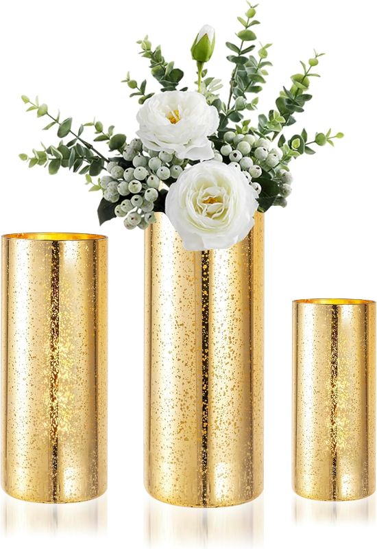 Photo 1 of Glittery Gold Cylinder Vase for Centerpieces - Set of 3 Round Tall Vase, (Gold)