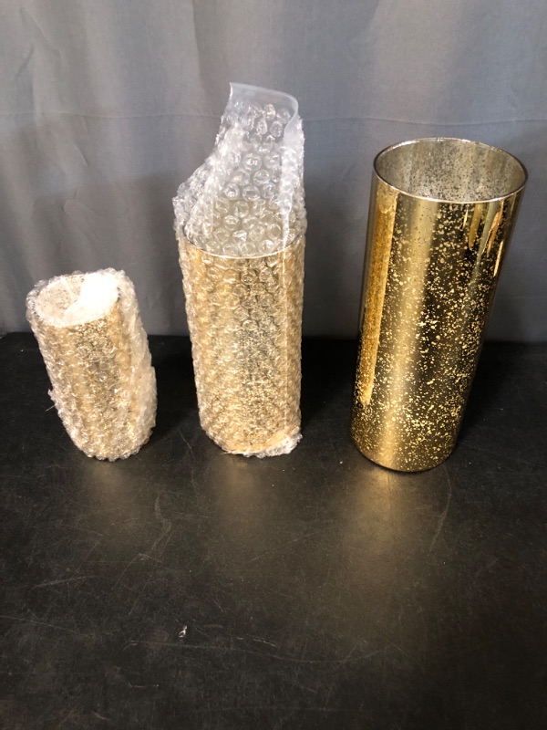 Photo 2 of Glittery Gold Cylinder Vase for Centerpieces - Set of 3 Round Tall Vase, (Gold)