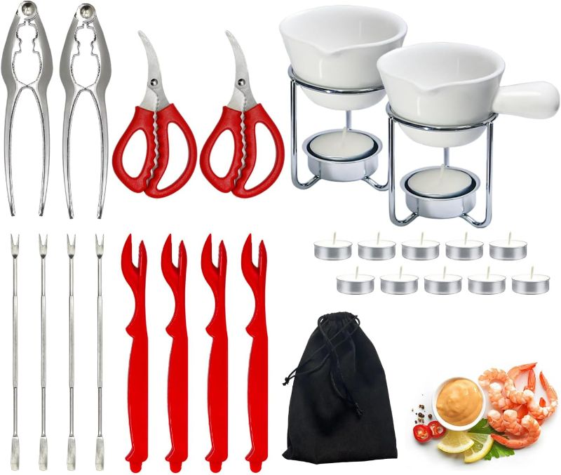 Photo 1 of Reasim Crab Crackers and Tools Set with 2 Crab Leg Cracker,2 Butter Warmer for Seafood,4 Crab Leg Forks,4 Lobster Shellers,2 Seafood Scissors,10 Tealight Candles,1 Bag,seafood crackers and tool(25pcs)