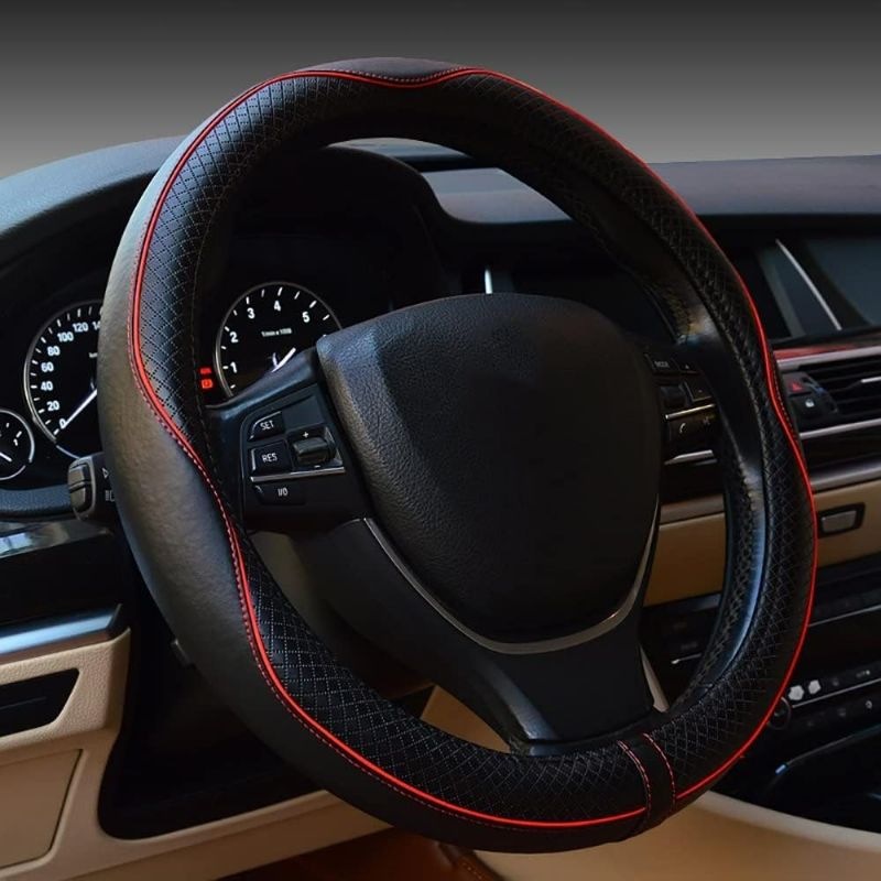 Photo 1 of Car Steering Wheel Cover, Anti-Slip, Safety, Soft, Breathable, Heavy Duty, Thick, Full Surround, Sports Style (Black with Red line)