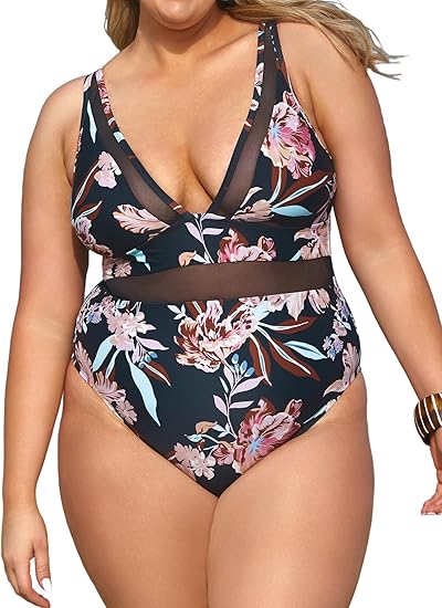 Photo 1 of ***SIZE 3XL*** CUPSHE Women Plus Size One Piece Swimsuit V Neck Mesh Sheer Tummy Control Bathing Suit with Adjustable Wide Straps