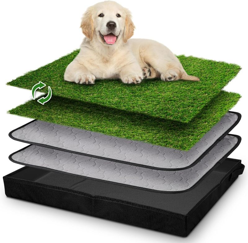 Photo 1 of Dog  Pad With Tray Small Dog Litter Box Indoor Loo Artificial Grass Porch Portable Potty Tray for Dogs Reusable Washable Pee Pad and Artificial Grass for Replacement for Puppy Training (20”×16”)